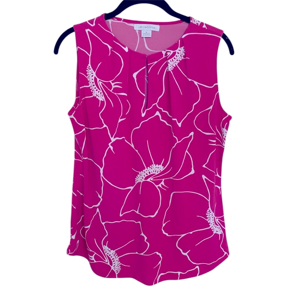 Liz Claiborne Top Women’s Medium Pink White Floral Sleeveless Workwear Blouse